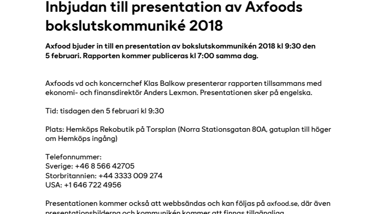 Inbjudan till presentation av Axfoods bokslutskommuniké 2018