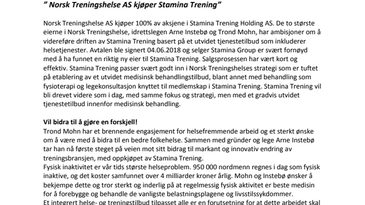 Norsk Treningshelse AS kjøper Stamina Trening 