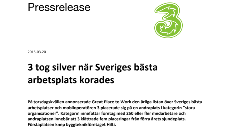 3 tog silver när Sveriges bästa arbetsplats korades