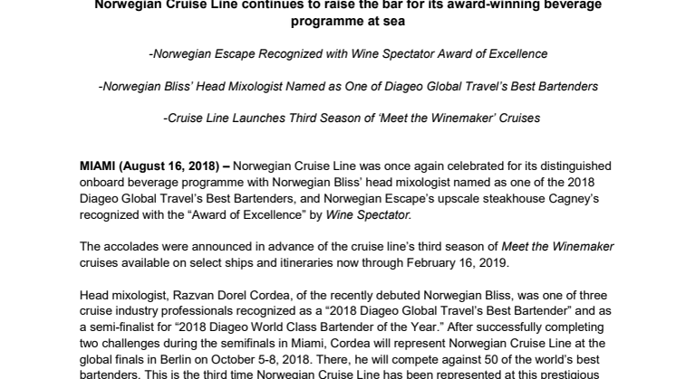 Norwegian Cruise Line continues to raise the bar for its award-winning beverage programme at sea 