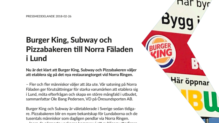 Burger King, Subway och Pizzabakeren till Norra Fäladen i Lund