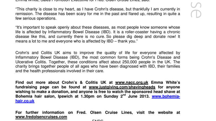 Fred. Olsen Cruise Lines’ Emma White to raise funds for  Crohn’s & Colitis UK through sponsored head shave 