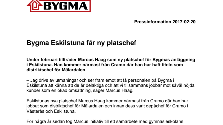 Bygma Eskilstuna får ny platschef
