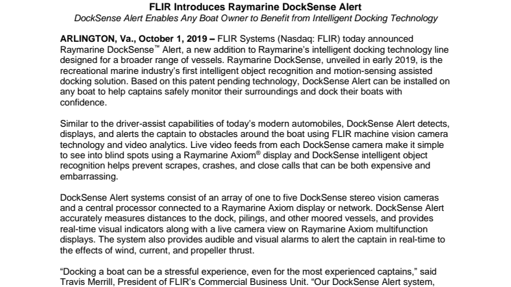 FLIR Introduces Raymarine DockSense Alert 