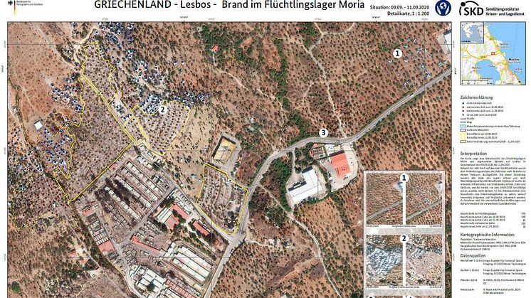 Lage- und Detailkarte für den Brand im Flüchtlingslager Moria, September 2020    (c) Bundesamt für Kartographie und Geodäsie)
