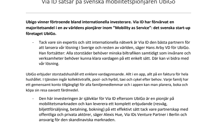 Via ID satsar på svenska mobilitetspionjären UbiGo 