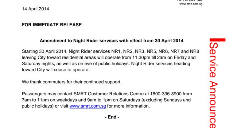 Amendment to Night Rider services with effect from 30 April 2014