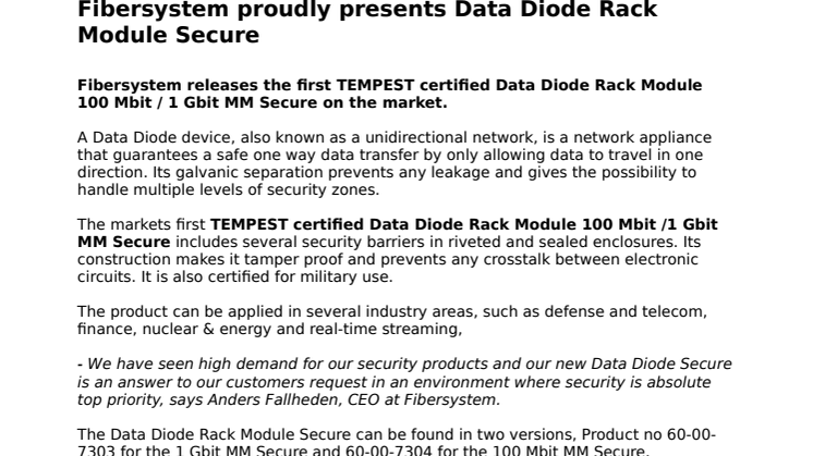 Fibersystem proudly presents Data Diode Rack Module Secure