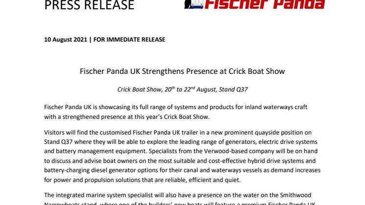 Fischer Panda UK Strengthens Presence at Crick Boat Show