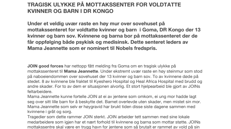 Tragisk ulykke på mottakssenter for voldtatte kvinner og barn i DR Kongo