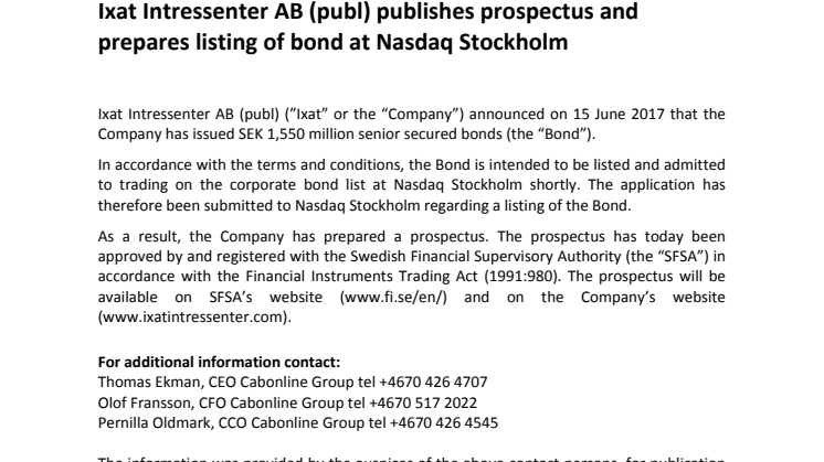 Ixat Intressenter AB (publ) publishes prospectus and prepares listing of bond at Nasdaq Stockholm