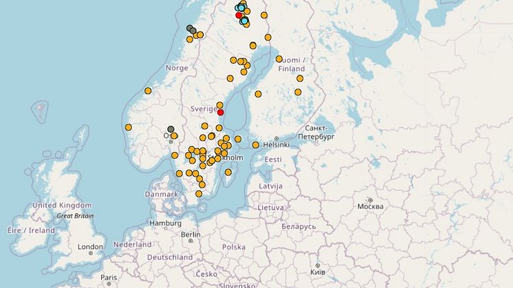 På kartan visas automatiskt detekterade seismiska händelser som bland annat jordskalv, gruvskalv, sprängningar i gruvor, bergtäkter och byggen.