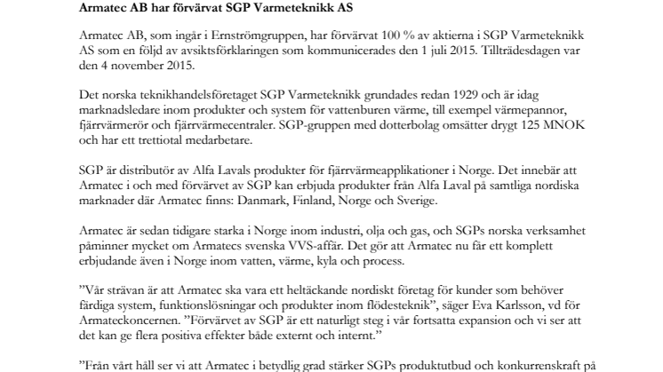 Armatec AB har förvärvat SGP Varmeteknikk AS