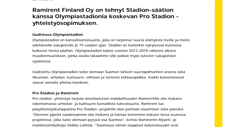 Ramirent Finland Oy on tehnyt Stadion-säätion kanssa
