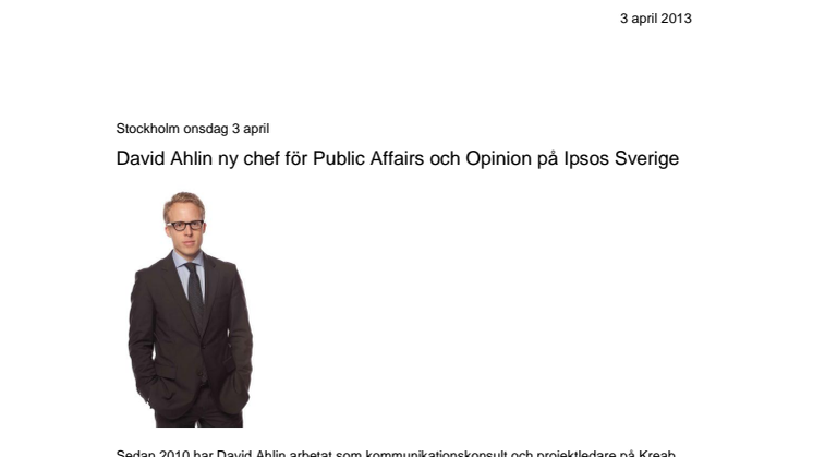 David Ahlin ny chef för Public Affairs och Opinion på Ipsos Sverige 