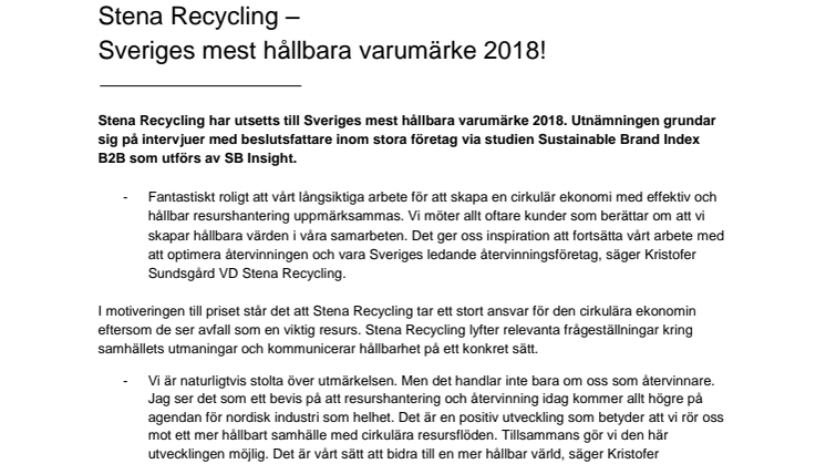 Stena Recycling – Sveriges mest hållbara varumärke 2018!