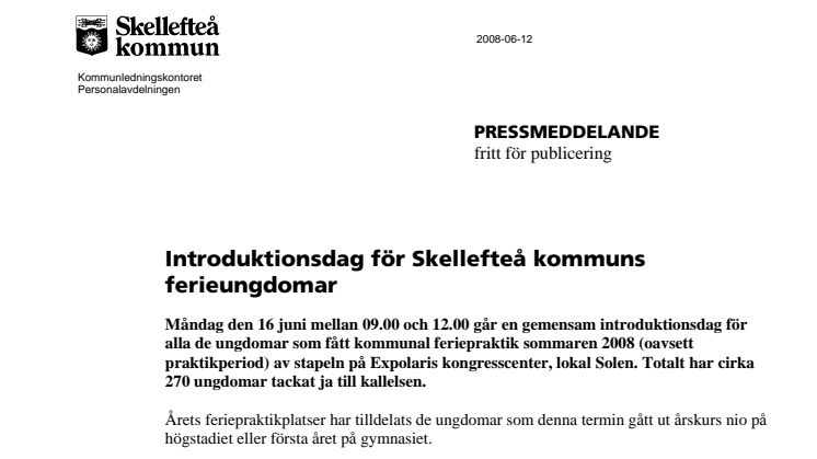 Introduktionsdag för Skellefteå kommuns ferieungdomar