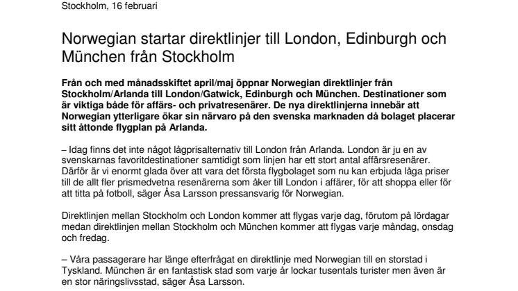 Norwegian startar direktlinjer till London, Edinburgh och München från Stockholm