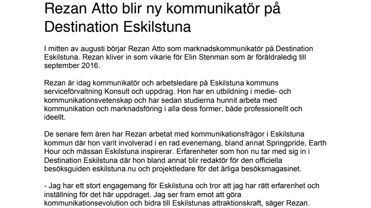 Rezan Atto blir ny kommunikatör på Destination Eskilstuna