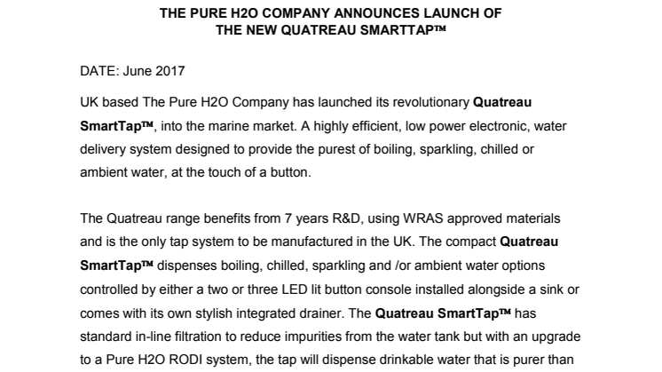 The Pure H2O Company Announces Launch of the New Quatreau SmartTap