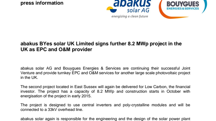 abakus BYes solar UK Limited signs further 8.2 MWp project in the UK as EPC and O&M provider