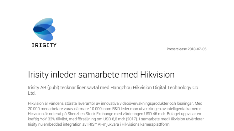 Irisity inleder samarbete med Hikvision