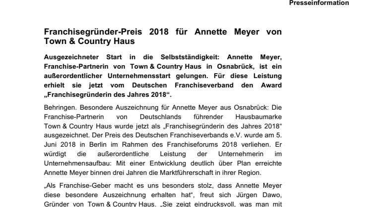 Franchisegründer-Preis 2018 für Annette Meyer von Town & Country Haus 