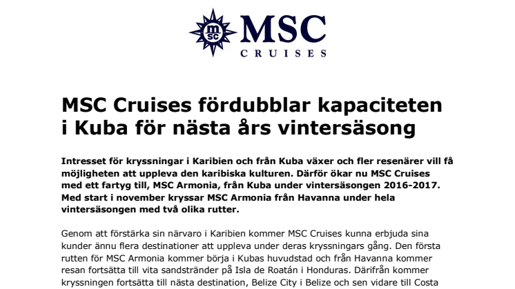 MSC Cruises fördubblar kapaciteten i Kuba för nästa års vintersäsong