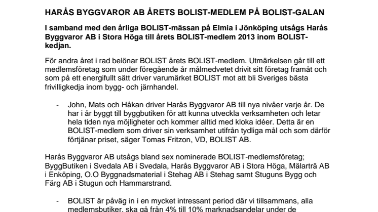HARÅS BYGGVAROR AB ÅRETS BOLIST-MEDLEM PÅ BOLIST-GALAN