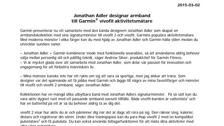 Jonathan Adler designar armband  till Garmin® vívofit aktivitetsmätare