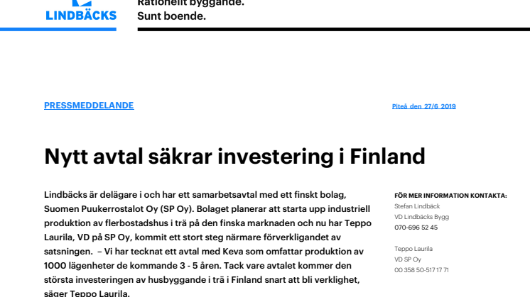 Nytt avtal säkrar investering i Finland