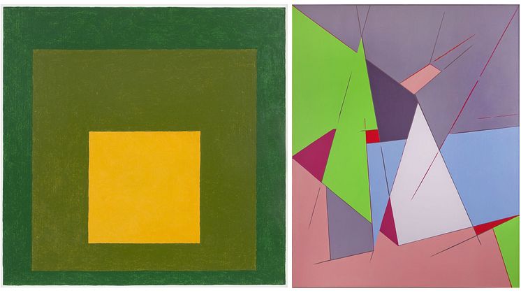 Venstre: Josef Albers, Homage to the Square "685 Gold Miniature", 1962. / Høyre: Richard Mortensen, Coeur du Carré, 1977. 