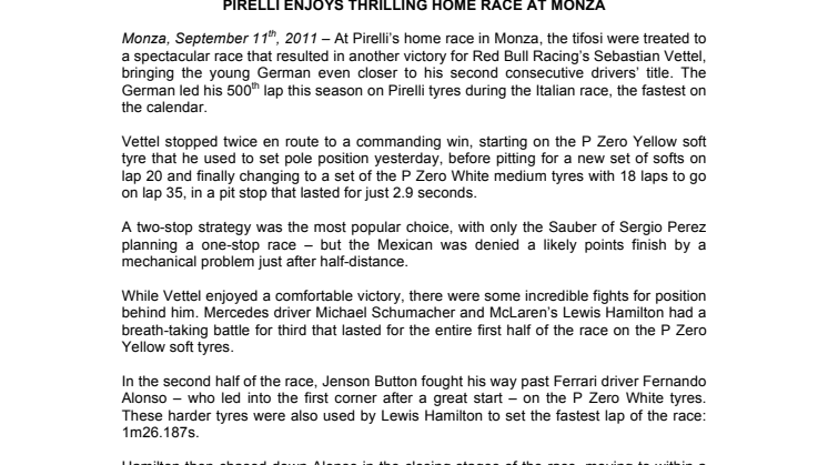 Spännande hemmarace för Pirelli på Monza 