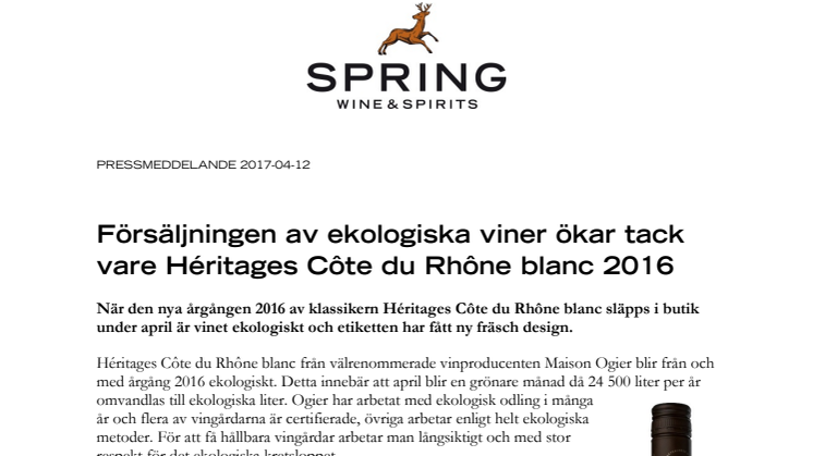 Försäljningen av ekologiska viner ökar tack vare Héritages Côte du Rhône blanc 2016