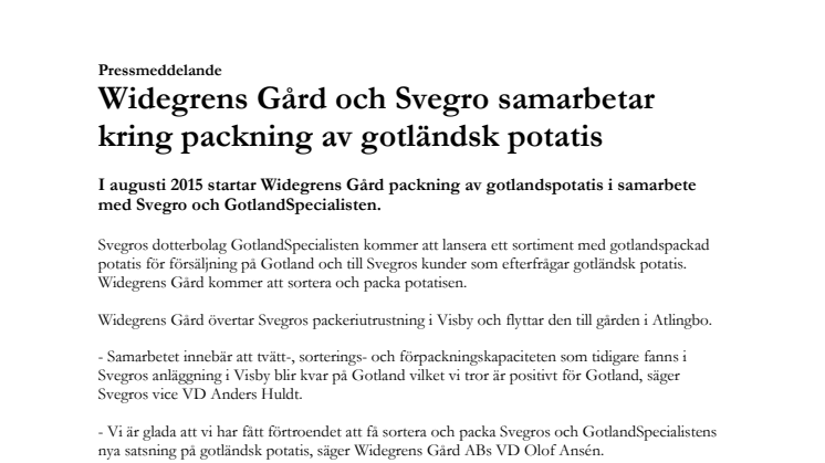 Pressmeddelande tis 31 mars 2015 Widegrens Gård AB  Svegro AB