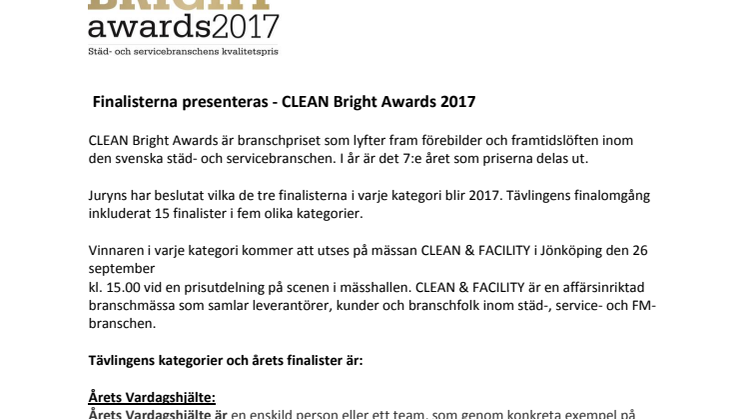 Finalisterna i CLEAN Bright Awards 2017 presenteras här!