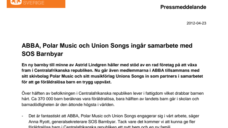 ABBA, Polar Music och Union Songs ingår samarbete med SOS Barnbyar