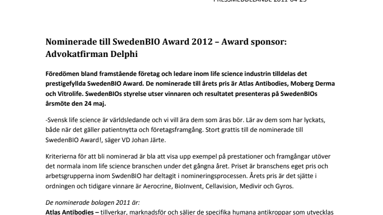 Nominerade till SwedenBIO Award 2012 – Advokatfirman Delphi awardsponsor