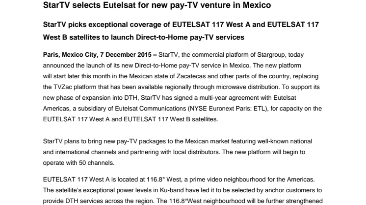 StarTV selects Eutelsat for new pay-TV venture in Mexico 