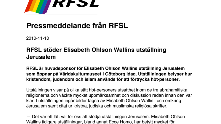RFSL stöder Elisabeth Ohlson Wallins utställning Jerusalem