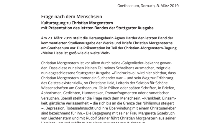 Frage nach dem Menschsein. ​Kulturtagung zu Christian Morgenstern mit Präsentation des letzten Bandes der Stuttgarter Ausgabe