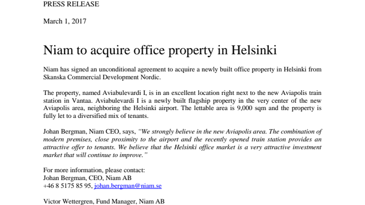 Niam to acquire office property in Helsinki