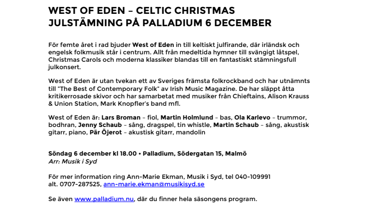 West of Eden – Celtic Christmas  Julstämning på Palladium 6 december