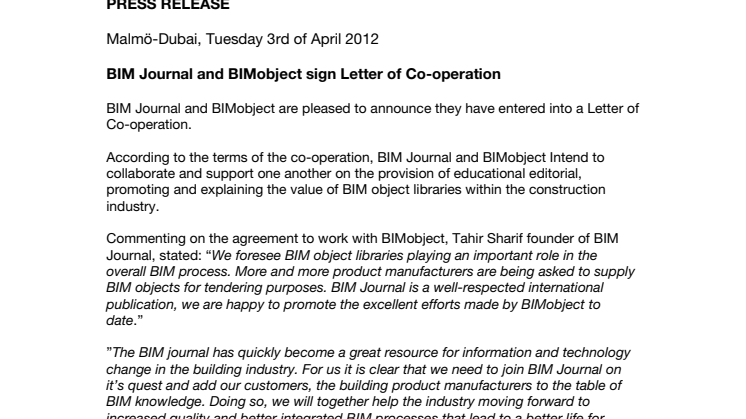 BIM Journal and BIMobject sign Letter of Co-operation