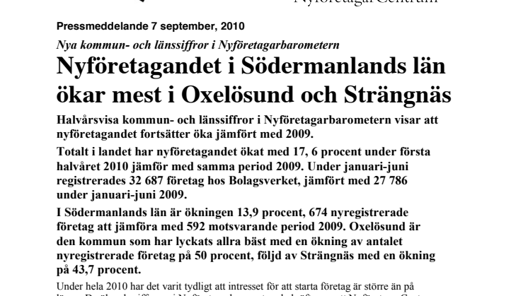 Nyföretagandet i Södermanlands län ökar mest i Oxelösund och Strängnäs