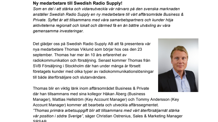 Ny medarbetare till Swedish Radio Supply!