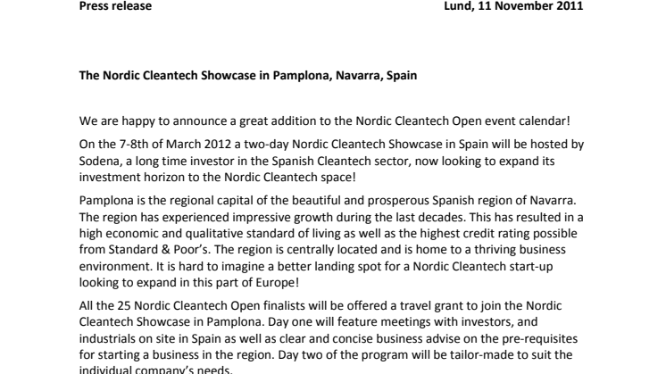 Nordic Cleantech Showcase in Pamplona, Navarra, Spain