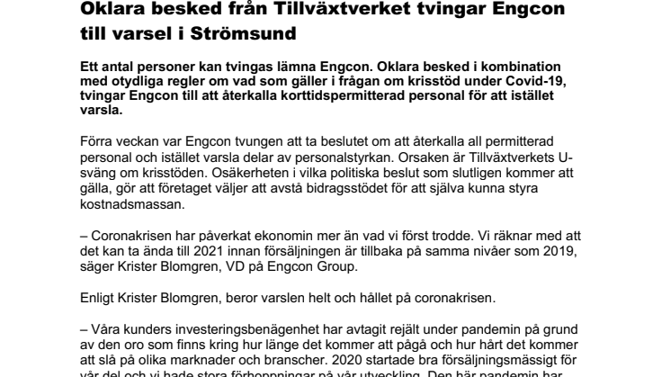 Oklara besked från Tillväxtverket tvingar Engcon till varsel i Strömsund 
