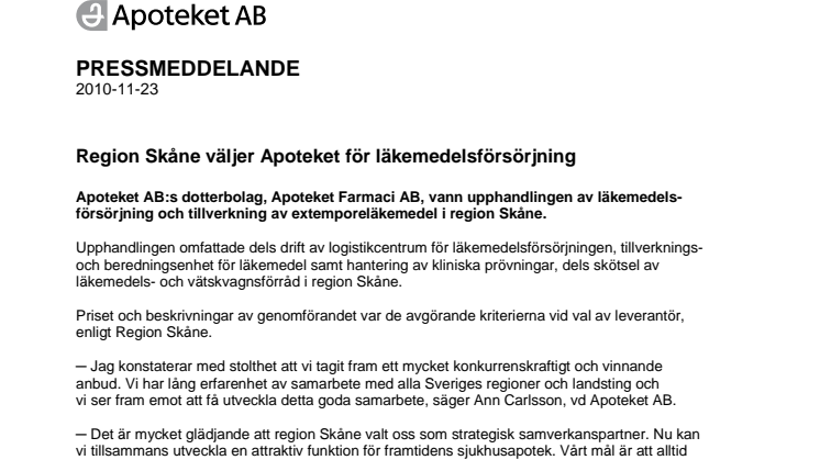 Region Skåne väljer Apoteket för läkemedelsförsörjning