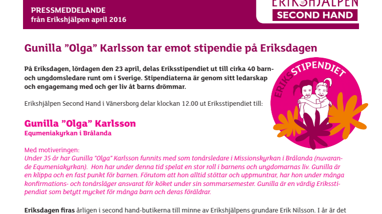 Gunilla ”Olga” Karlsson får Eriksstipendiet i Vänersborg